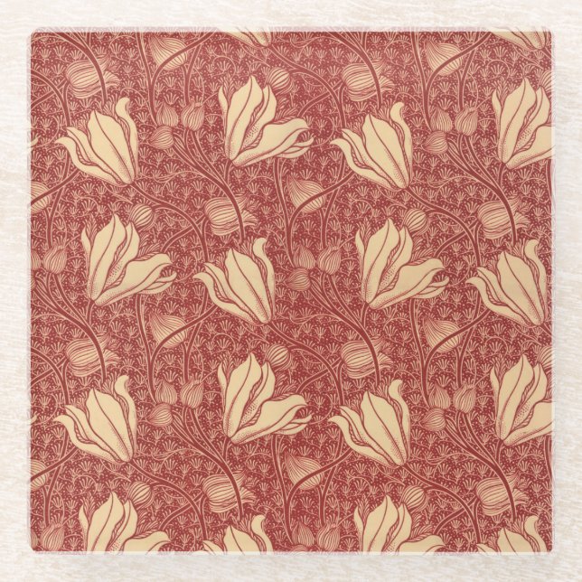 Morris Inspiriert Lily Blume Botanical Red Textile Glasuntersetzer (Vorderseite)