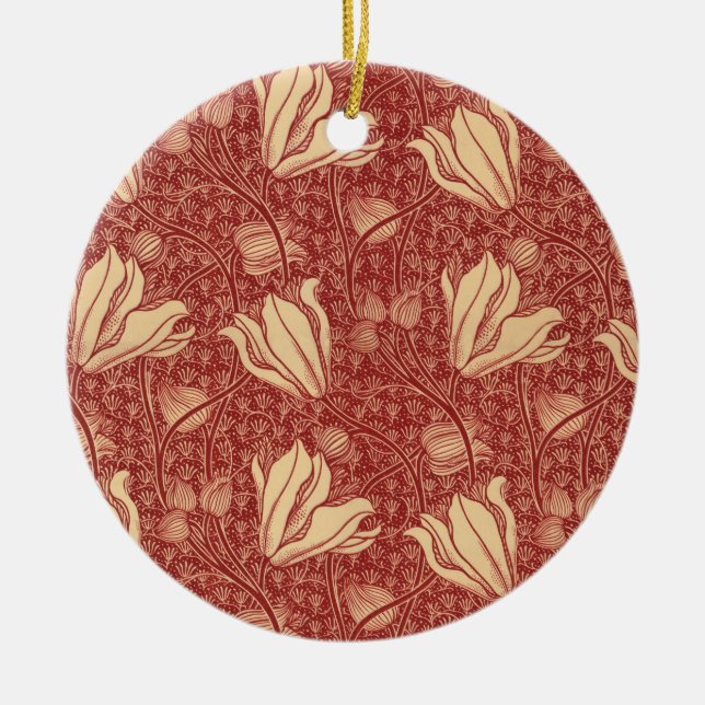Morris Inspiriert Lily Blume Botanical Red Textile Keramik Ornament (Vorne)