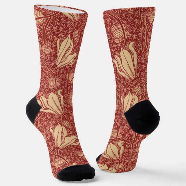 Morris Inspiriert Lily Blume Botanical Red Textile Socken (Gewinkelt)