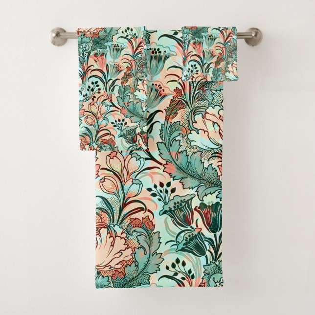 Morris Inspiriert Tulips, Peonies, Acanthus Green Badhandtuch Set (Insitu)