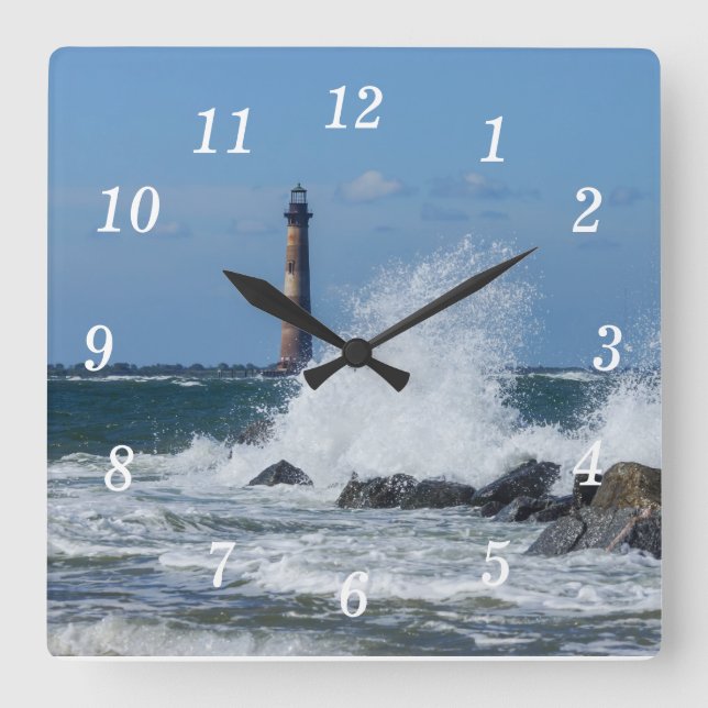 Morris Island Lighthouse Splash Quadratische Wanduhr (Vorderseite)