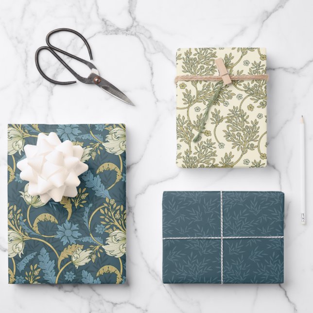 Morris Park Blau und grüne Blumenmaske Geschenkpapier Set (Vorderseite)