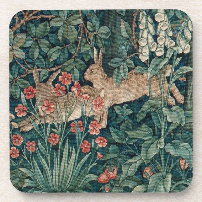 Morris Tapestry Forest Rabbits Getränkekarte Getränkeuntersetzer (Vorderseite)