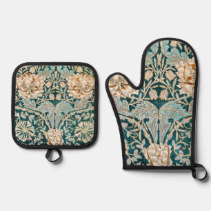 Morris Teal Blau Geißblatt Blumen Wallpaper Ofenhandschuh & Topflappen-Set