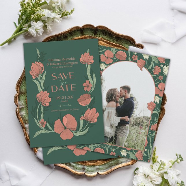 Morris Terracotta & Green Floral Foto Save The Date (Announce your special day in style with this exquisite photo Save the Date card.)