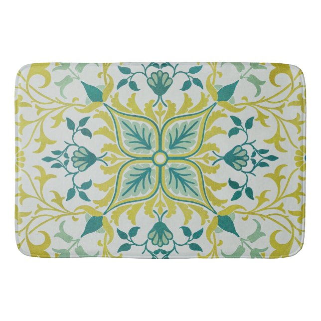 Morris Yellow Turquoise Vine & Blume Muster Badematte (Vorderseite)
