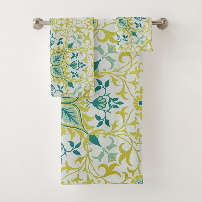 Morris Yellow Turquoise Vine & Blume Muster Badhandtuch Set (Insitu)