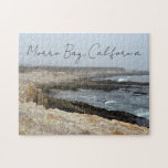 Morro Bay California Ocean Photography<br><div class="desc">A foggy overcast day in Morro Bay California with the ocean waves hitting the rocks on the shore in this beach photograph souvenir. This seaside travel photo keepsake puzzle gift features black cursive script above the beach rocks and grey sky.</div>