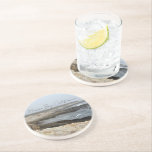 Morro Bay California Ocean Photography Getränkeuntersetzer<br><div class="desc">A foggy overcast day in Morro Bay California with the ocean waves hitting the rocks on the shore in this beach photograph souvenir. This seaside travel photo keepsake coaster gift features black cursive script above the beach rocks and grey sky.</div>