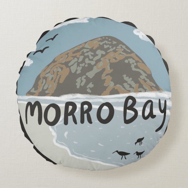 Morro Bay Central California Illustration Beach Rundes Kissen (Vorderseite)