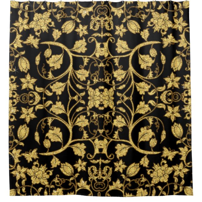 Morroccan Dekor-Blumenrebe-Schwarz-Goldmuster Duschvorhang (Vorderseite)