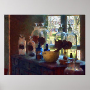 Mortar, Pestle and Bottles by Window Poster