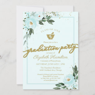 Mortar Pestle Pharmacy Grad Party Gold Aquamarin Einladung