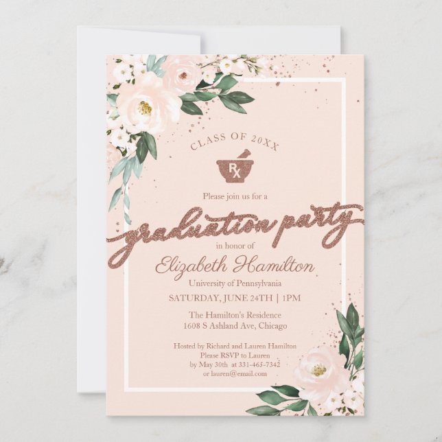 Mortar Pestle Pharmacy Grad Party Pink Floral Einladung (Vorderseite)