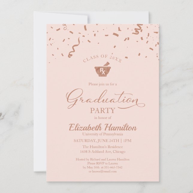 Mortar Pestle Pharmacy Grad Party Rose Gold Pink Einladung (Vorderseite)