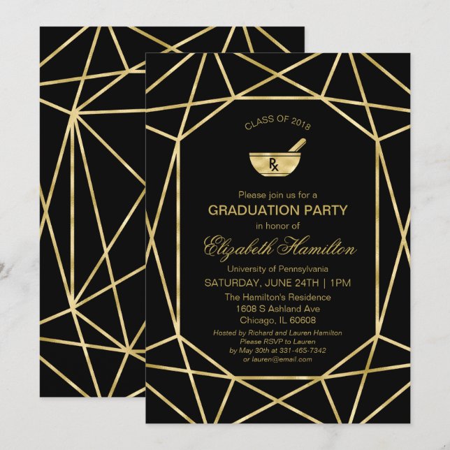 Mortar und Pestle Pharmacy School Grad Party Gold Einladung (Vorne/Hinten)