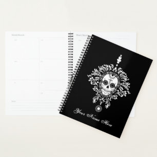Morte Damask Chic Sugar Crâne blanc sur noir