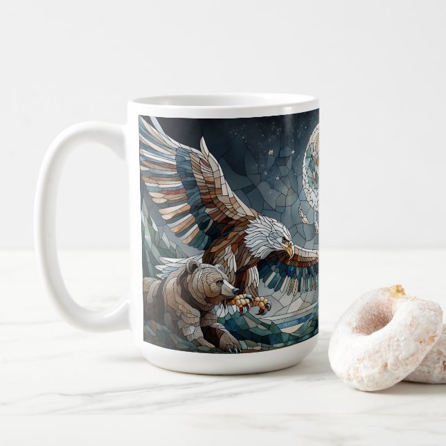Mosaic Ai Art | Brauner Bär und Adler Vollmond Kaffeetasse (Mit Donut)