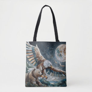 Mosaic Ai Art   Brauner Bär und Adler Vollmond Tasche