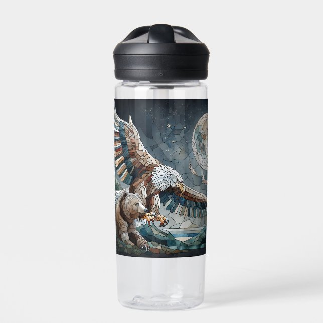 Mosaic Ai Art | Brauner Bär und Adler Vollmond Trinkflasche (Vorderseite)