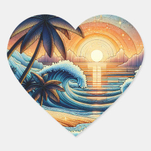Mosaic Ai Art Sonnenuntergang im Ozean und Palme Herz-Aufkleber