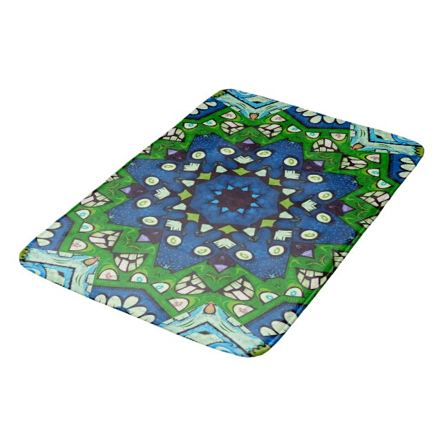 Mosaic Blue Green Hippie Boho Mandala Badematte (Schrägansicht)