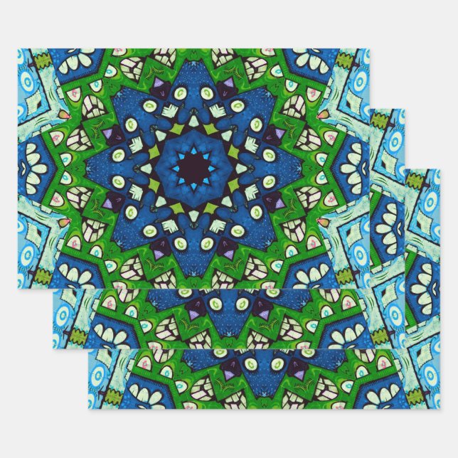 Mosaic Blue Green Hippie Boho Mandala Geschenkpapier Set (Set)
