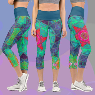 Mosaic Mandala Blue Green und Red Capri Leggings