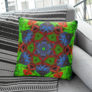 Mosaic Mandala Blume Grün Rot und Blau Kissen