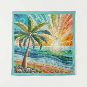 Mosaic Tropical Beach Sunset Palm Tree Square Wandteppich