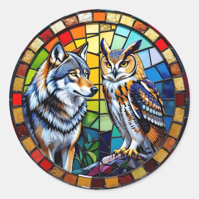 Mosaic Wolf and Owl Vibrant Art Runder Aufkleber (Vorderseite)