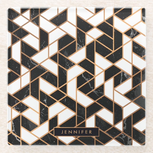 Mosaik aus schwarzem und weißem Marmor Glasuntersetzer (Vorderseite)