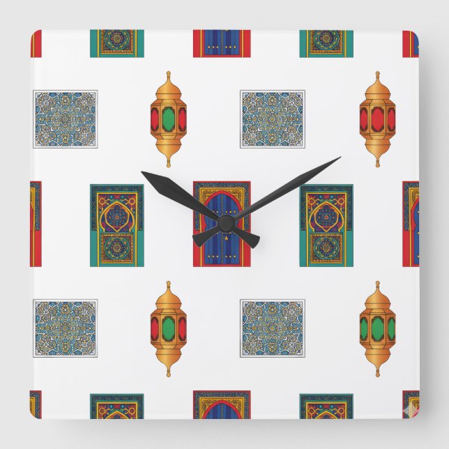 Mosaik der marokkanischen Türen und Laternen Quadratische Wanduhr (Vorderseite)