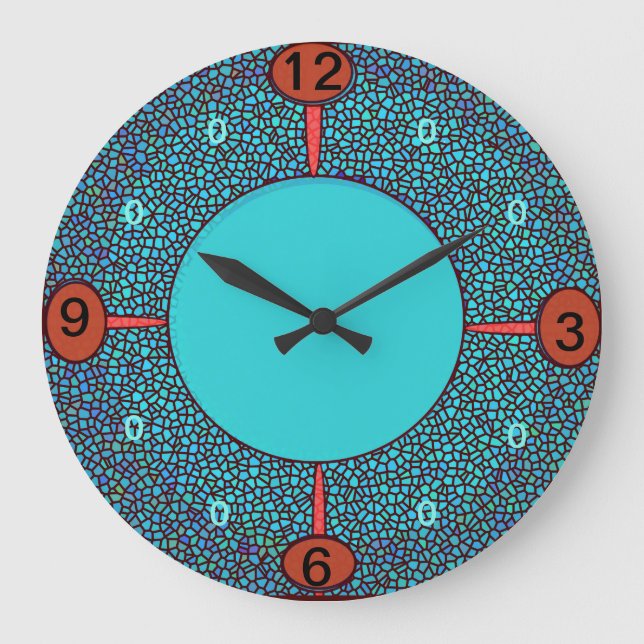 Mosaik Design Green Aqua Red/Brown Kitchlock Große Wanduhr (Vorderseite)