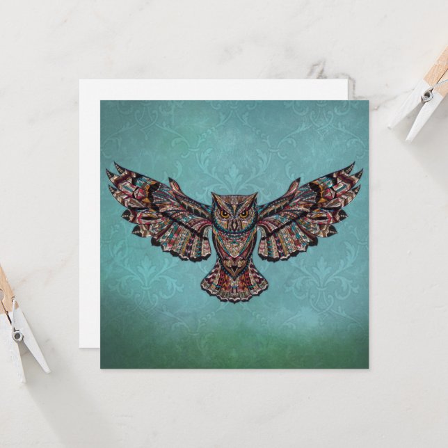 Mosaik farbenfroh Owl mit türkisfarbenem Hintergru Karte (Vorderseite/Rückseite Beispiel)