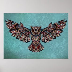 Mosaik farbenfroh Owl mit türkisfarbenem Hintergru Poster