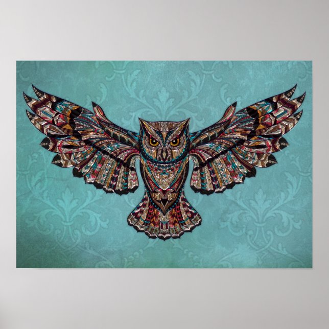 Mosaik farbenfroh Owl mit türkisfarbenem Hintergru Poster (Vorne)