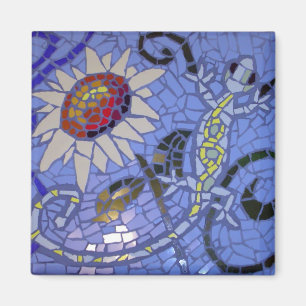 Mosaik-Gecko und Sonnenblume auf Blau Magnet