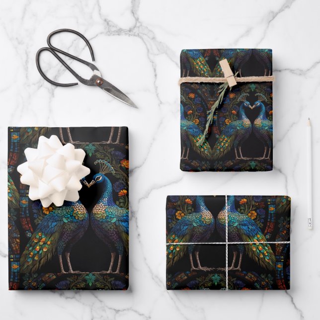 Mosaik gestanztes Glas farbenfrohe Pfauen Geschenkpapier Set (Vorderseite)