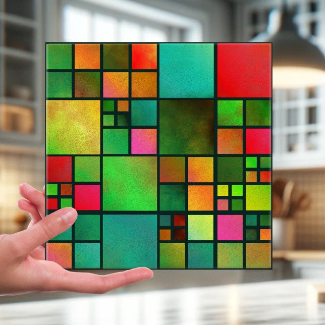 Mosaik gesteinigtes Glas Muster Küche Badezimmer K Fliese (Tile featuring an abstract geometric checkered mosaic pattern inspired by colorful stained glass)