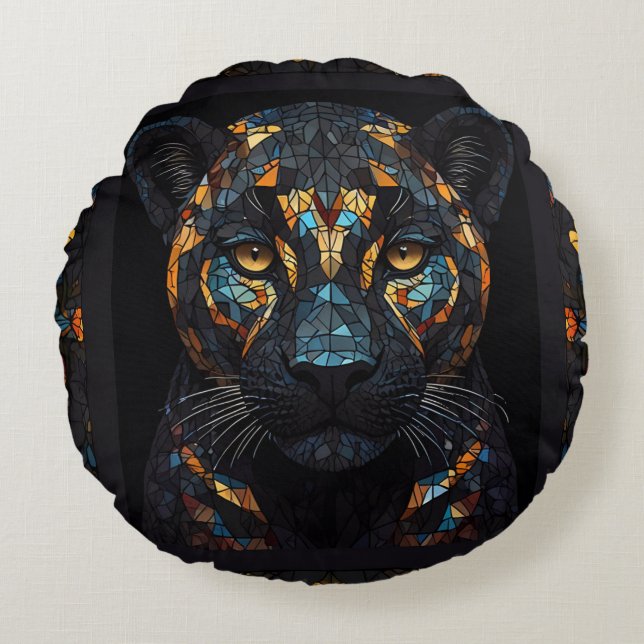 Mosaik gesteinigtes schwarzes Panther-Portrait Rundes Kissen (Vorderseite)