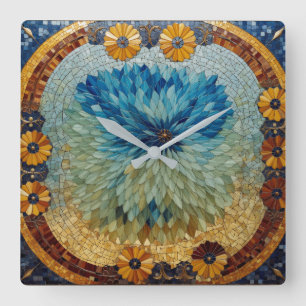 Mosaik-Grün-Blau-Blumen-Wanduhr  Quadratische Wanduhr
