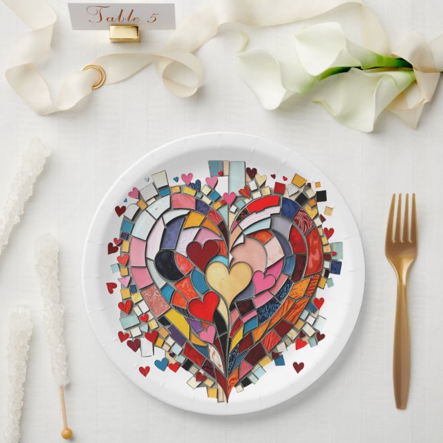 Mosaik-Herz der Liebe Pappteller (Hochzeit)