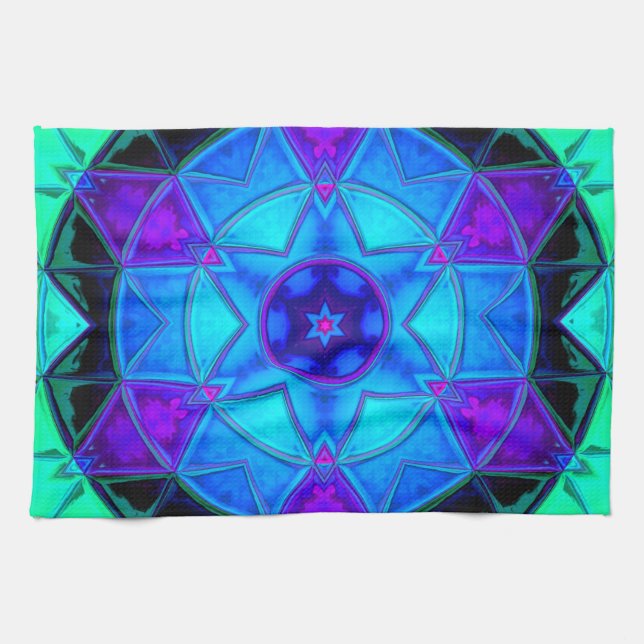 Mosaik Kaleidoscope Blume Blau Lila und Aquamarin Geschirrtuch (Horizontal)