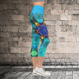 Mosaik Kaleidoscope Blume Blue Green und Orange L Capri Leggings