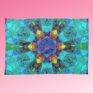 Mosaik Kaleidoskop Blume Blau Grün und Orange Geschirrtuch