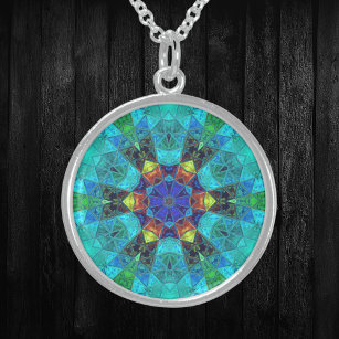Mosaik Kaleidoskop Blume Blau Grün und Orange Sterling Silberkette