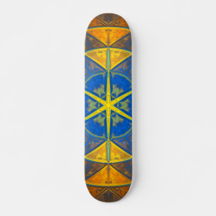 Mosaik Kaleidoskop Blume Blau und Gelb Skateboard