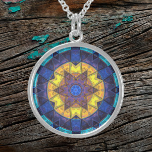 Mosaik Kaleidoskop Blume Blau und Gelb Sterling Silberkette