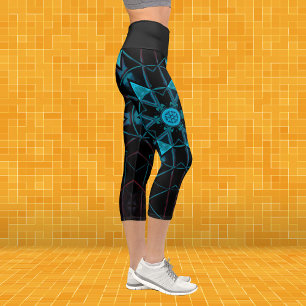 Mosaik Kaleidoskop Blume Blau und Schwarz Leggings